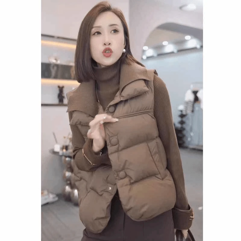 美拉德风棉马甲女冬新款保暖翻领外套无袖棉衣坎肩开衫马夹棉服