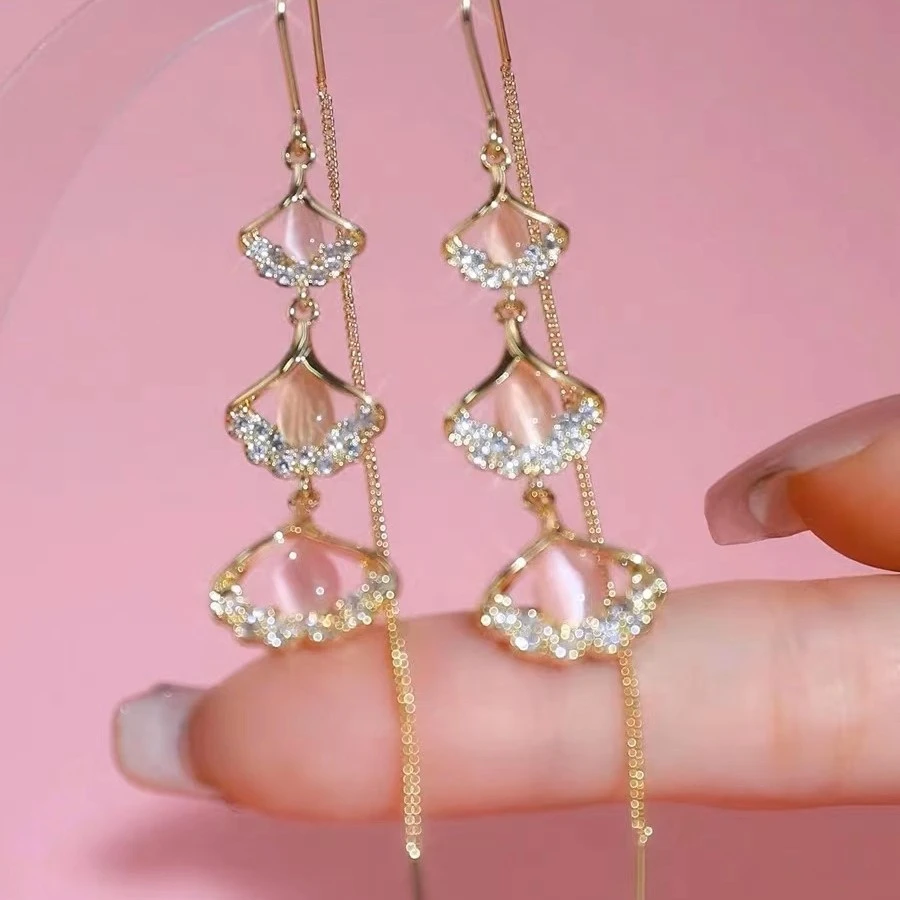 锌合金耳饰 三生有杏粉色锆石猫珠时尚防丢耳线093