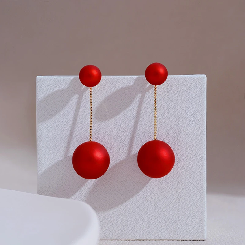 非金属仿珍珠耳饰 红珠子耳坠前后款耳钉红色复古怀旧耳环新款