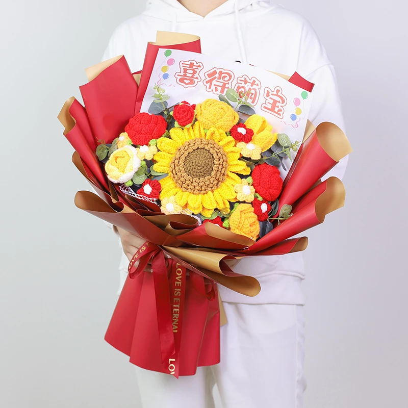 喜得萌宝手工钩织花束送亲戚朋友生小孩满月礼喜庆送礼礼物高级感