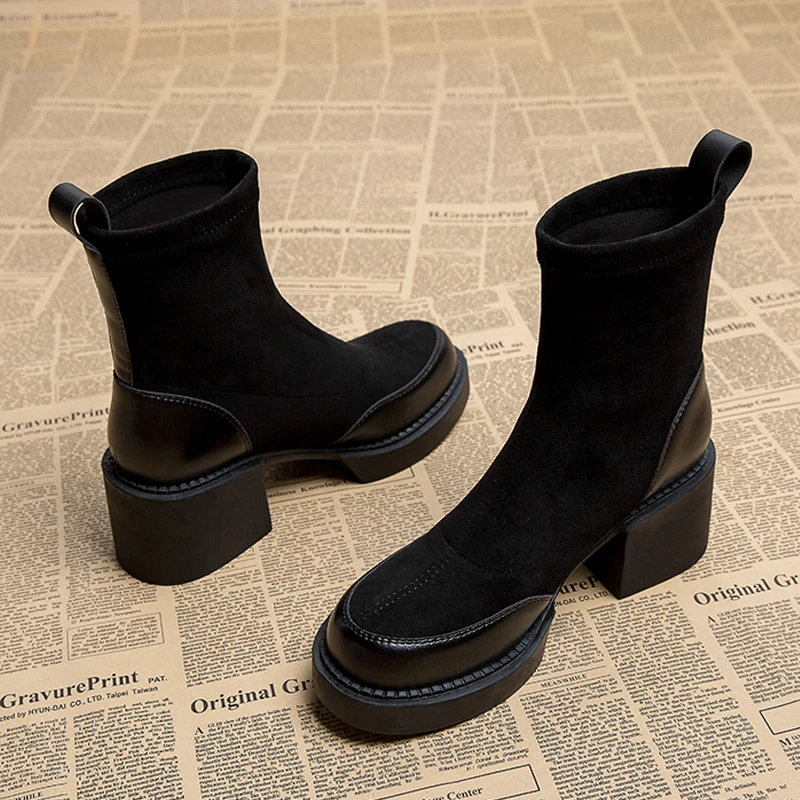 时尚加绒秋季百搭短靴女瘦瘦靴潮绒面厚底马丁靴子女粗跟2023新款