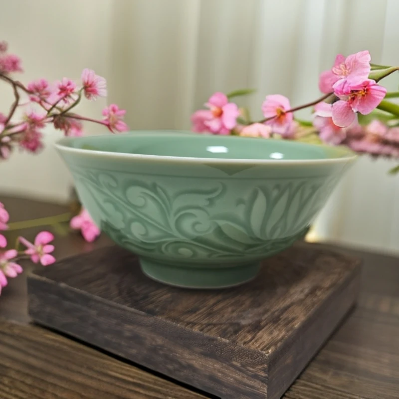 耀州瓷 青釉缠枝莲纹5.3英寸汤碗 老师傅精修上炉  复古中式青瓷