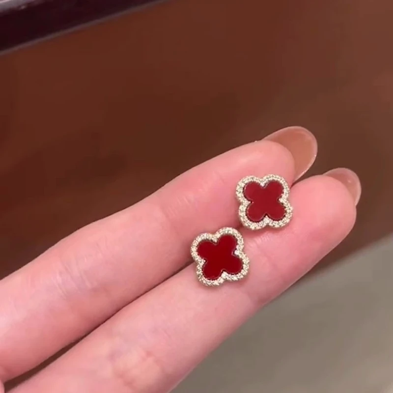 合金亚克力耳饰 【春季特惠】红色花朵耳钉ins银镀高级感气质耳钉