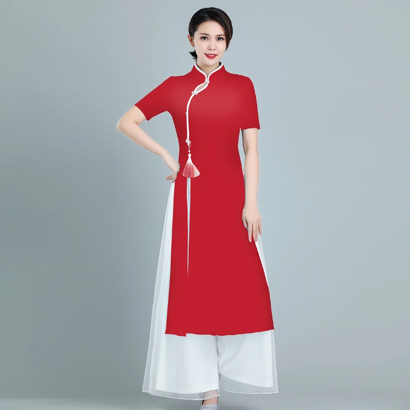 红色网纱高开叉演出服旗袍气质夏季复古长款修身走秀旗袍L5106-2