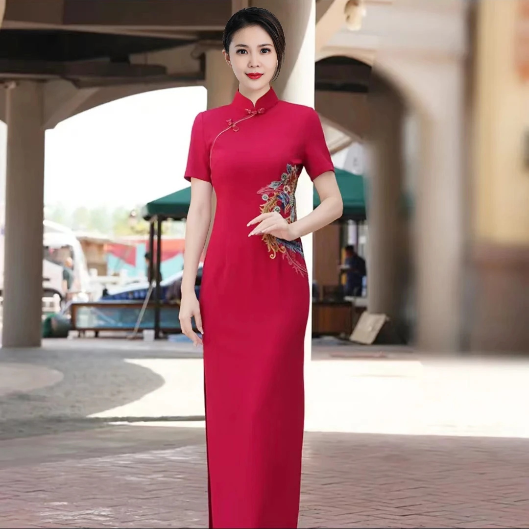 婚宴年轻款喜婆婆可穿连衣裙刺绣款可走秀演出旗袍L5315