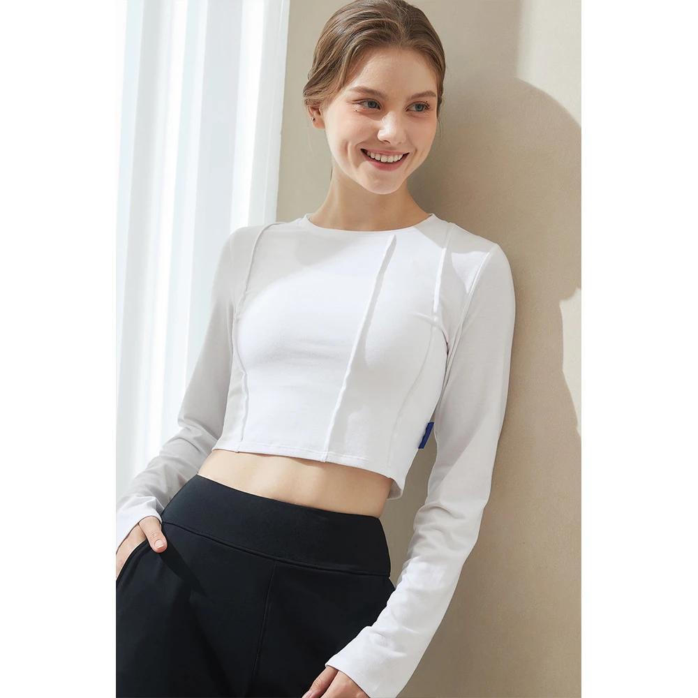 瑜伽服套装露脐长袖运动上衣秋冬修身跑步短款白色时尚显瘦打底衫