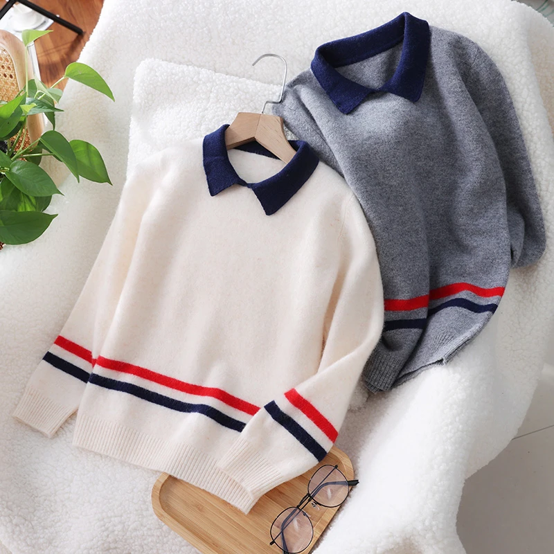 洋气POLO领加厚羊毛衫男孩女童套头毛衣中大童针织羊毛衫衫打底衫