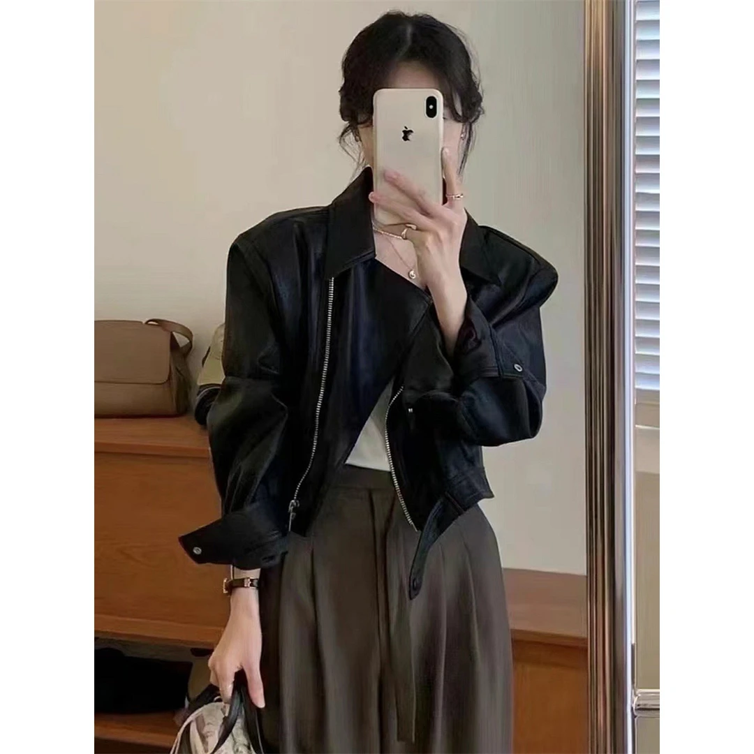 大玲子皮衣外套女春秋2024新款宽松港风小个子短款夹克机车服
