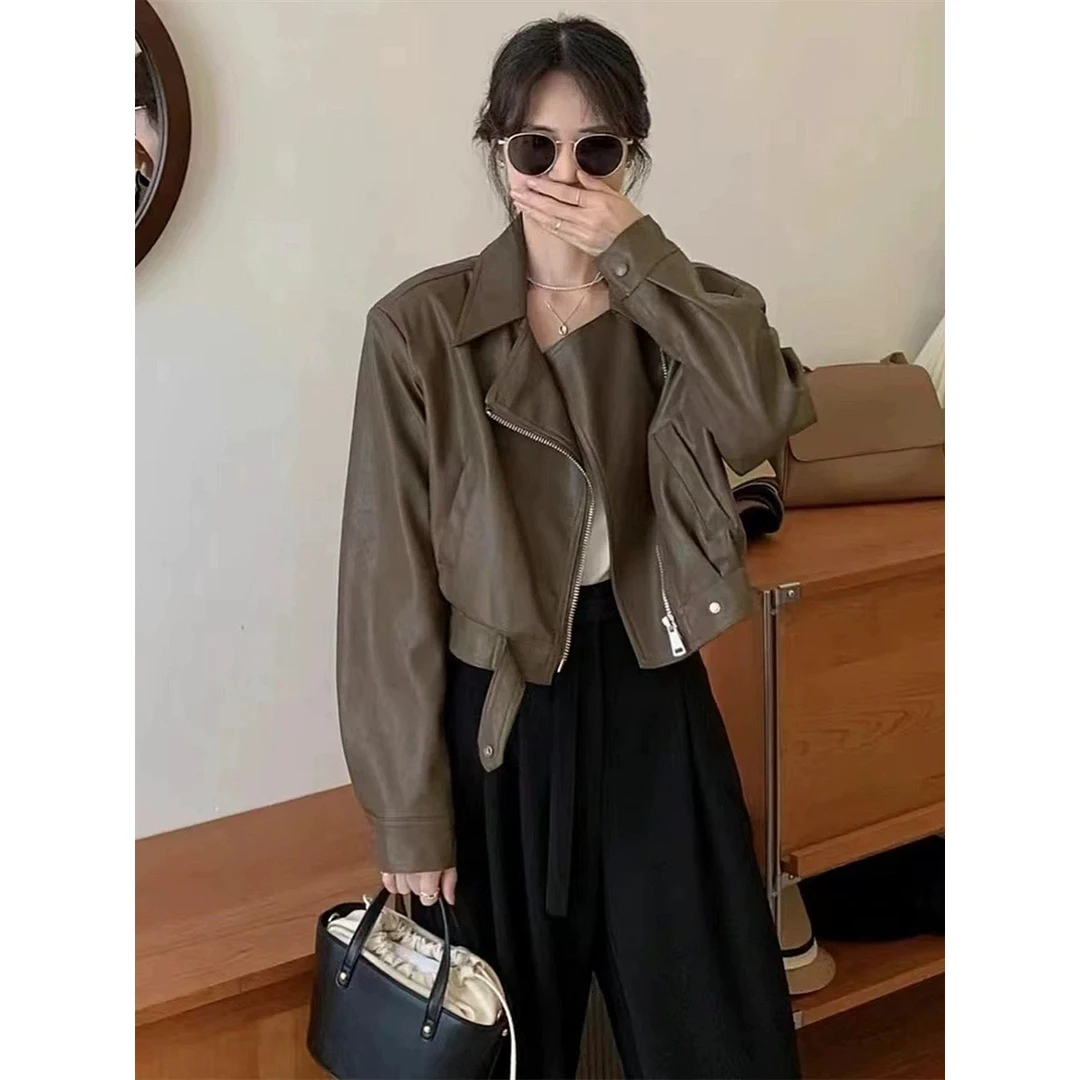 港味chic皮衣机车服PU皮衣外套女秋冬新款气质夹克短款上衣2318