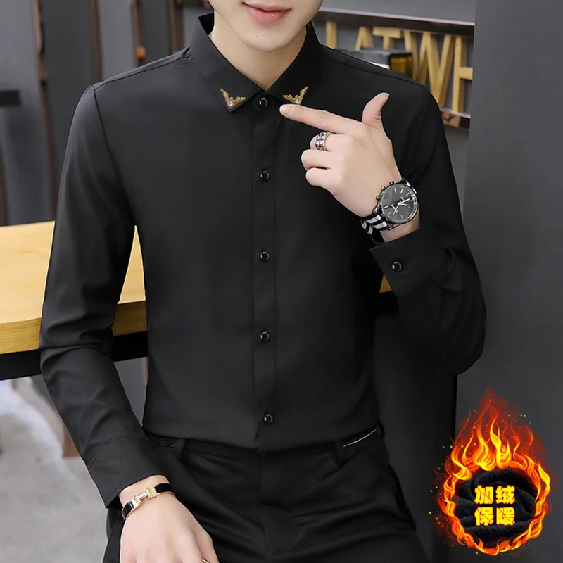 专业衬衫加绒加厚长袖寸衫秋冬季保暖外男士衬衣黑色修身商务职业
