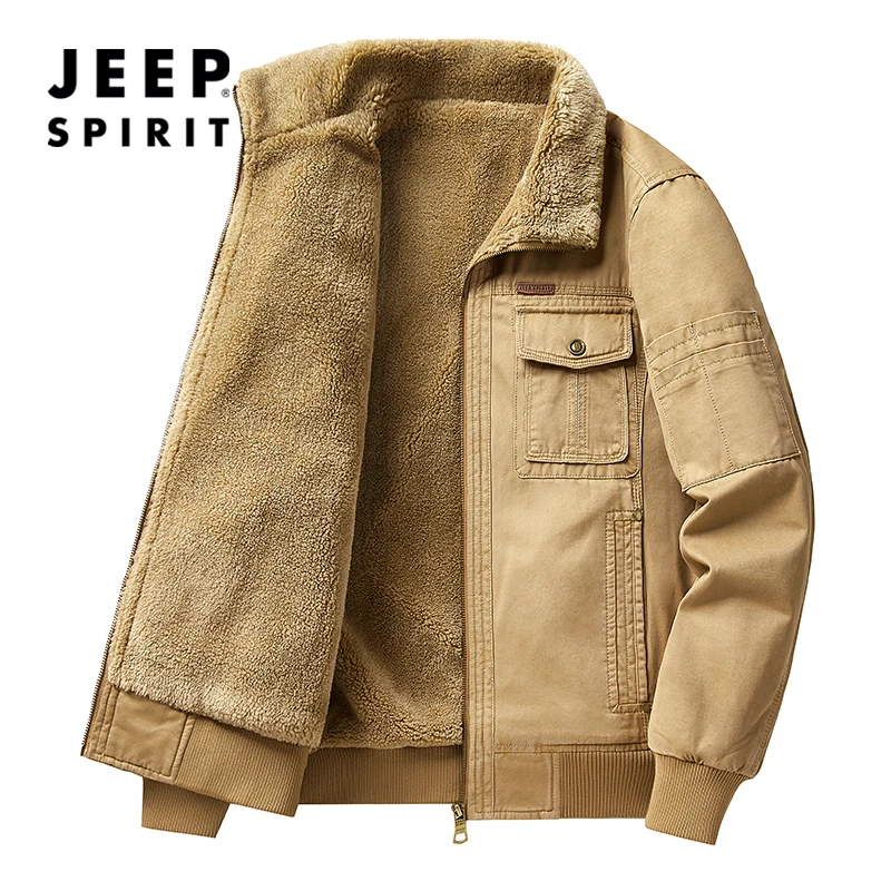 JEEP吉普纯棉冬季棉衣男加绒加厚保暖羊羔绒外套户外休闲工装棉服