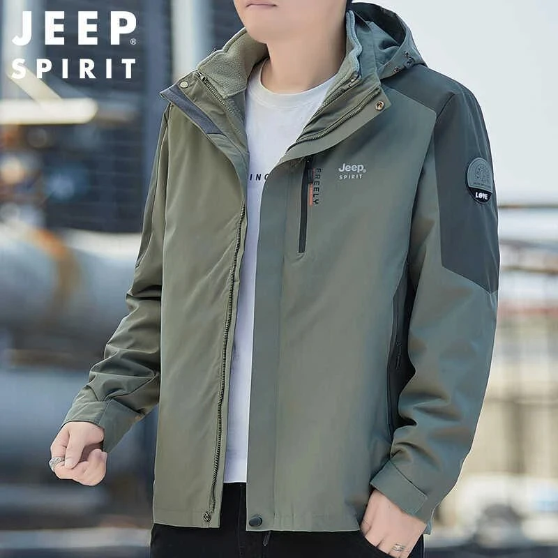 JEEP吉普冲锋衣男三合一可拆卸防内胆加绒加厚防风外套户外登山服