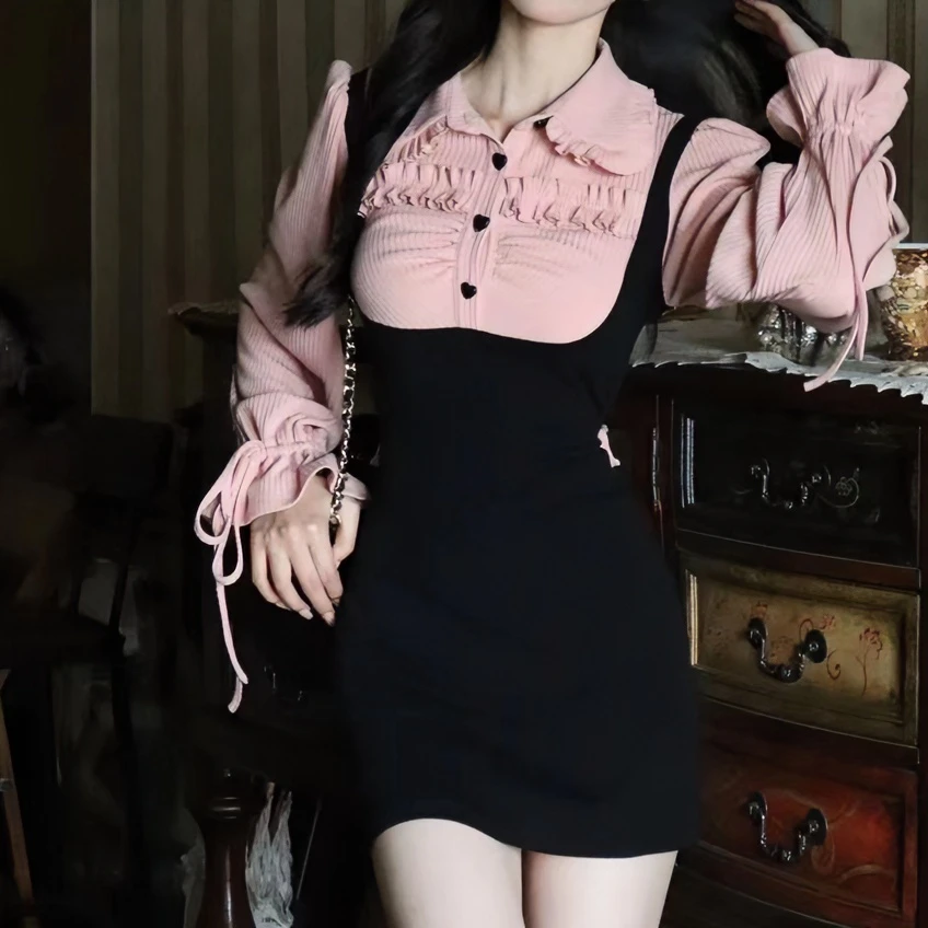 2024春设计感显瘦甜美假两件修身Polo领拼接高腰连衣裙辣妹连衣裙