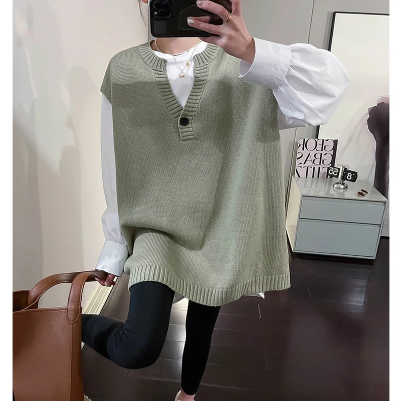 中长款大版V领马夹无袖宽松慵懒风针织马甲女春韩版时尚百搭背心