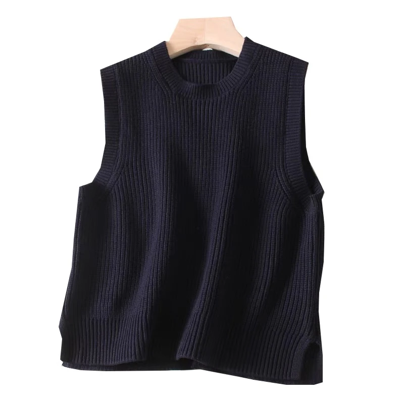 藏青色圆领毛针织背心无袖休闲百搭叠穿马甲女外穿上衣潮