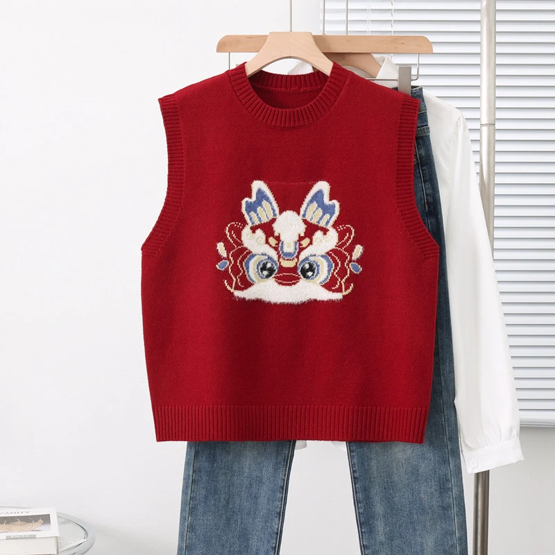 龙年国潮风针织马甲女2024春秋新款复古提花叠穿毛衣套头减龄坎肩