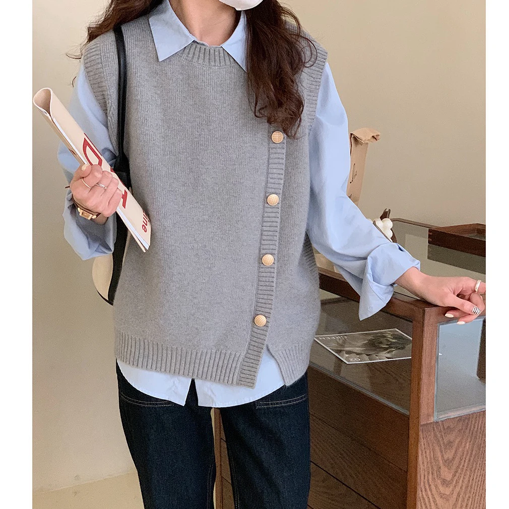 设计感圆领单排扣针织衫线衣2023春季减龄休闲韩系叠穿百搭马夹潮
