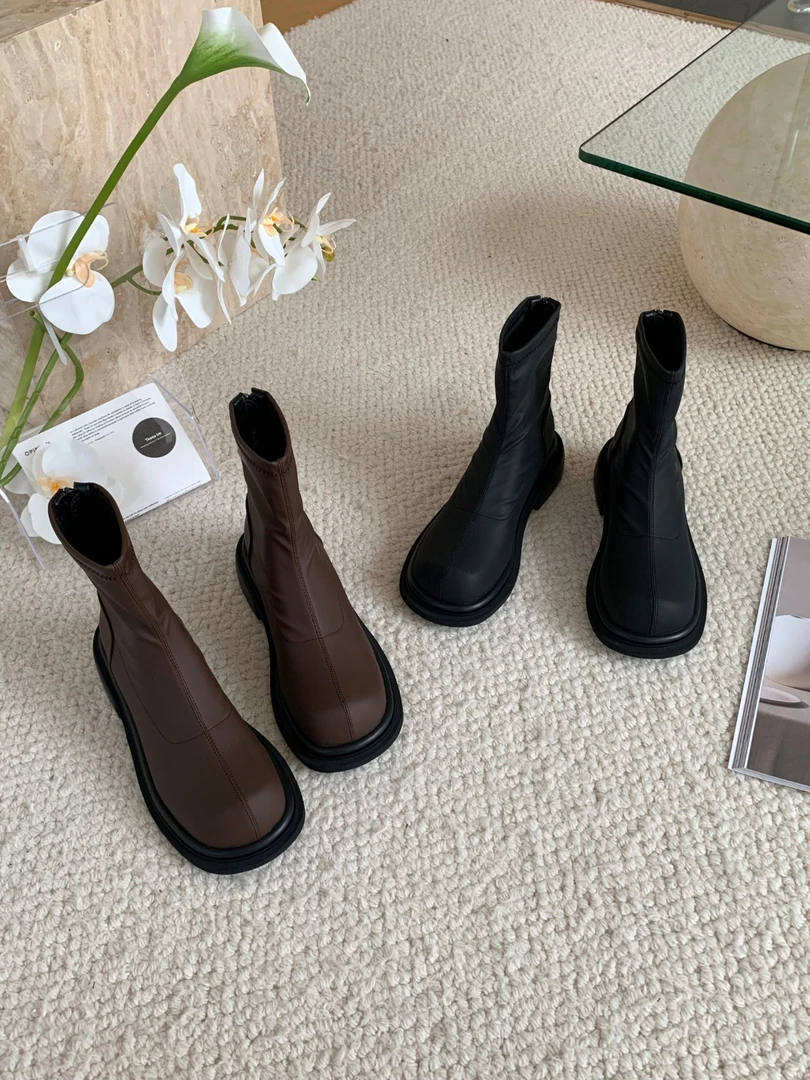 BAO/宝小姐【年底福利】后侧拉链圆头方跟弹力瘦瘦靴2308-47