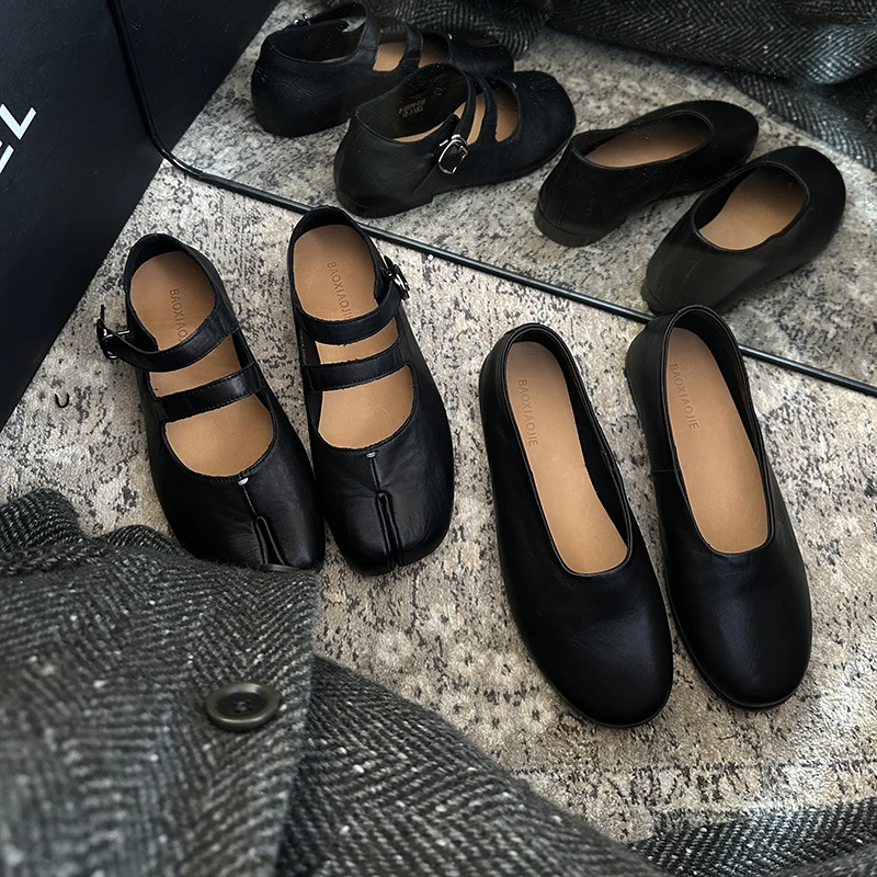 BAO/宝小姐复古黑色一字扣带平跟单鞋女002-6