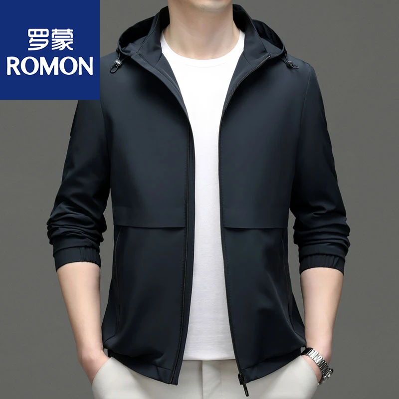 Romon/罗蒙牛奶丝可拆帽男士春秋新款抽绳连帽百搭行政夹克外套