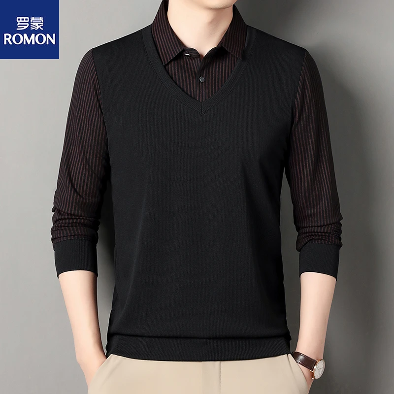Romon/罗蒙秋季男士长袖衬衫领T恤百搭条纹日常休闲假两件长袖