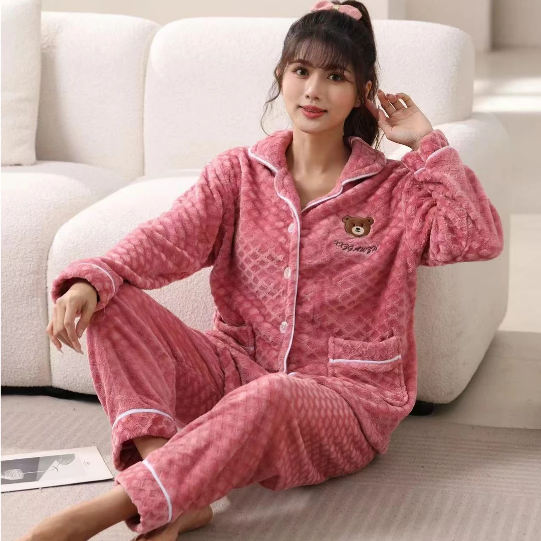 睡衣女士秋冬法兰绒刺绣舒适保暖时尚可外穿休闲舒棉绒家居服套装