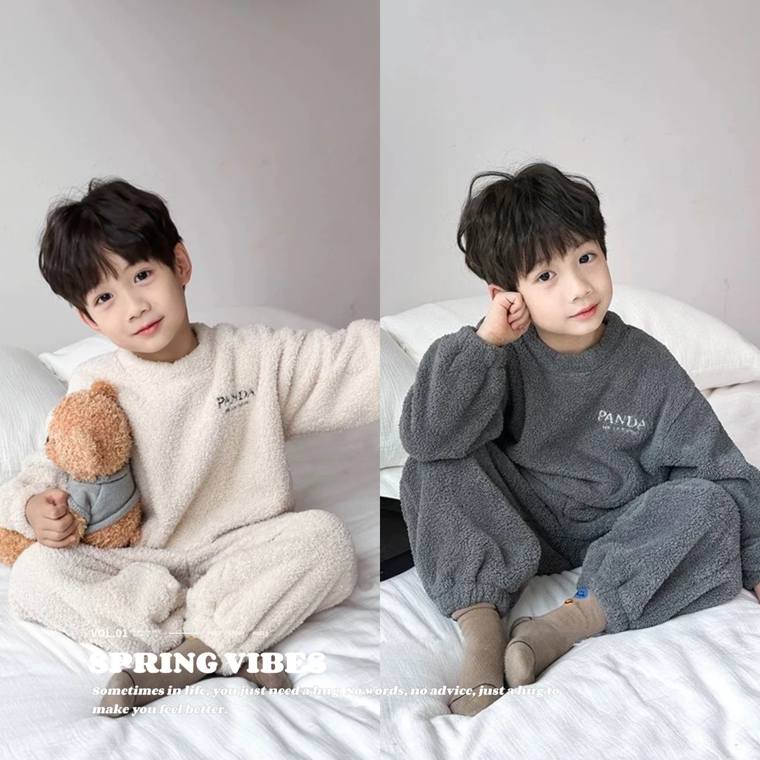 男童珊瑚绒睡衣韩版秋冬装2024新款儿童法兰绒家居服加厚套装大童