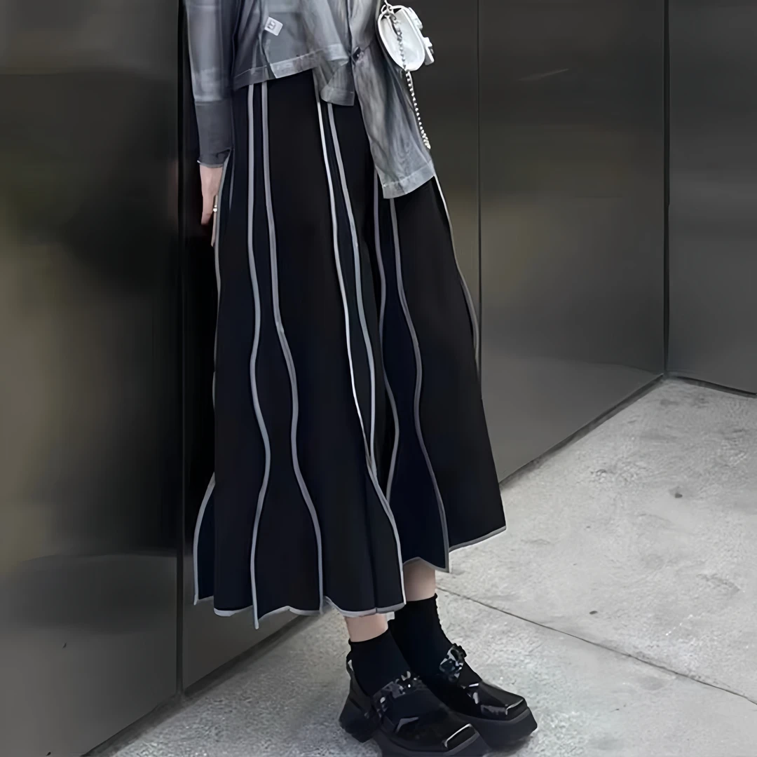 暗黑系山本耀司半身裙女春秋长款伞裙高腰黑色复古条纹小众大摆裙