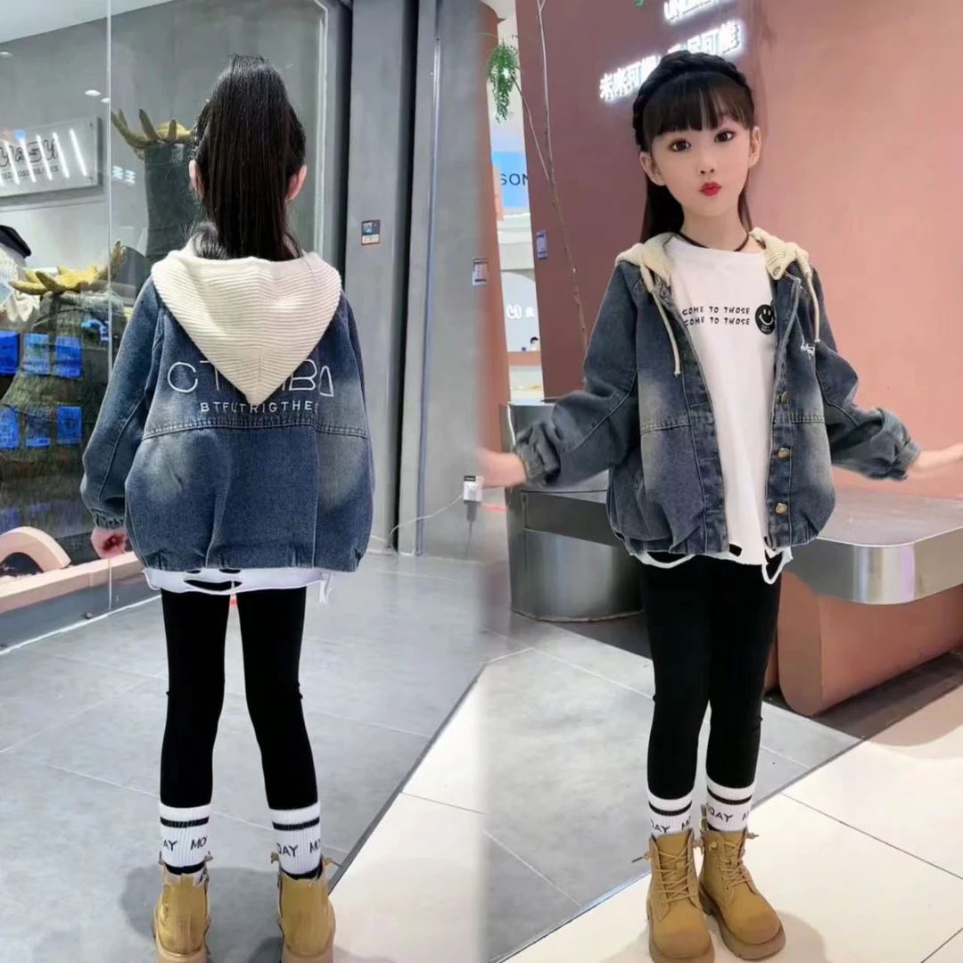 女童秋装连帽上衣新款女中大童韩版洋气宽松春秋款时尚牛仔外套潮