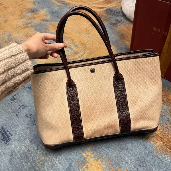 95新 Hermes/爱马仕 棕色花园36帆布拼皮单肩包