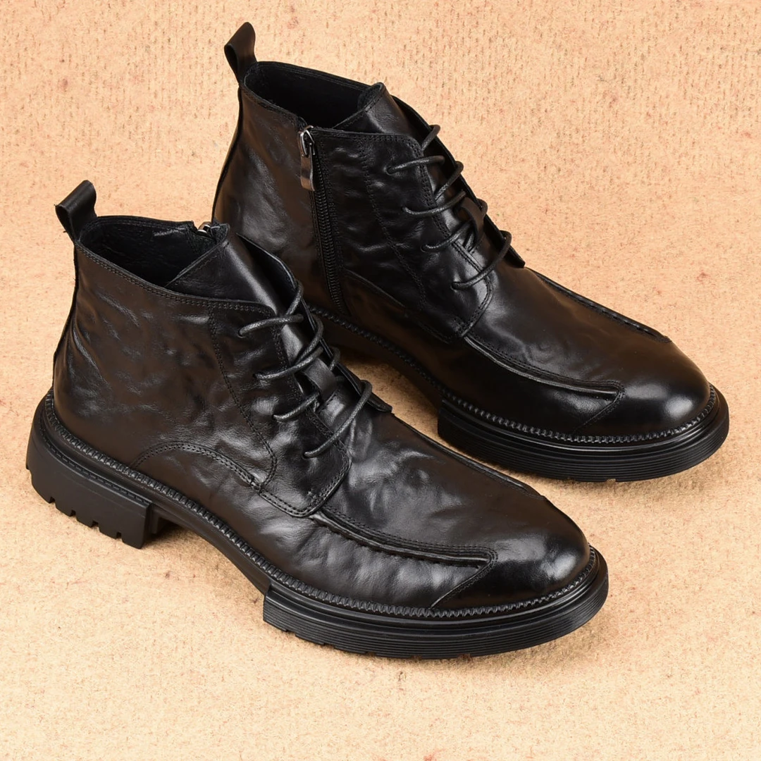 男士皮靴秋冬加绒高帮拉链短靴马丁靴厚底增高商务工装靴男靴皮鞋