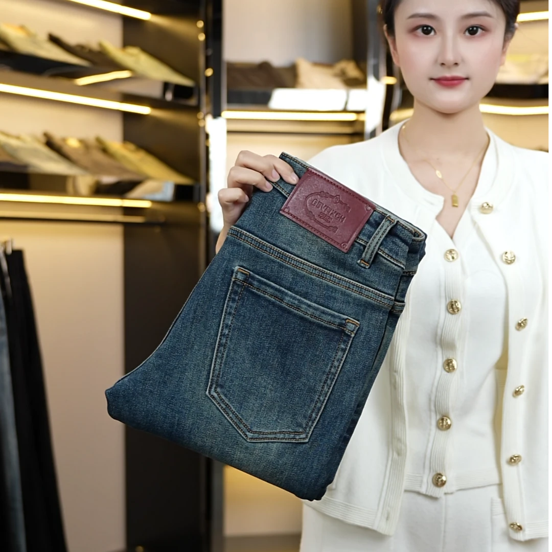 2024加绒怀旧复古蓝时尚百搭款男士修身小直筒牛仔裤