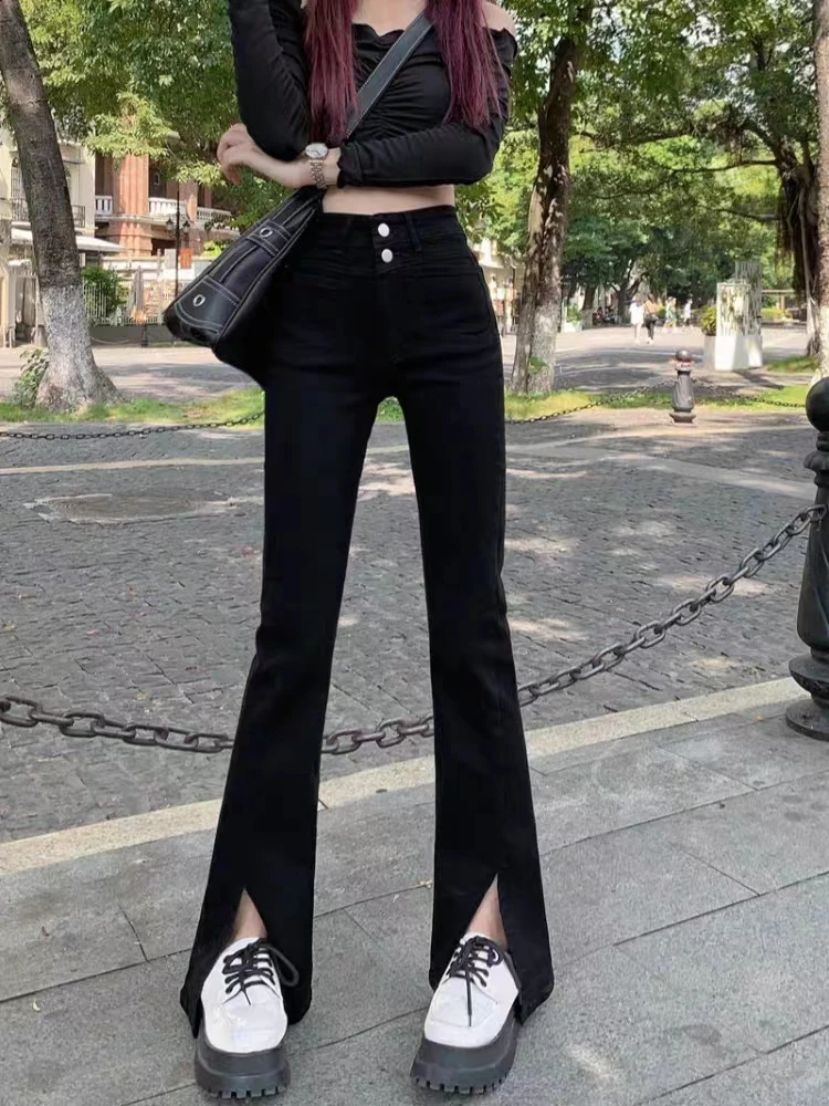 2023秋季新款超长款开叉黑色时尚百搭修身显瘦微喇叭牛仔女裤休闲