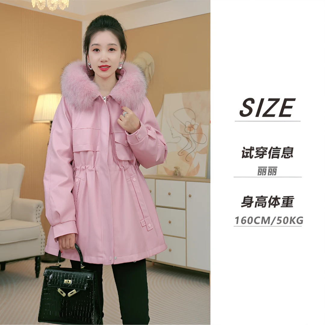 【女王殿下】2024新款女士皮款派克服貉子毛领兔毛内胆时尚保暖9802