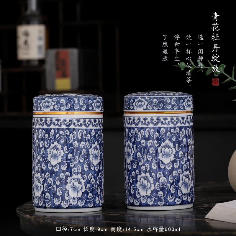 高档水墨青花直筒罐釉里红醒茶家用纯手工大号带螺旋口茶叶罐A6