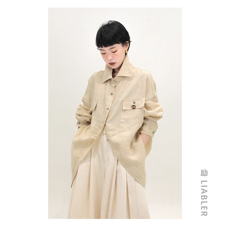 LIABLER/励 纯色工装牛仔大口袋小众下摆设计衬衫 7A8057