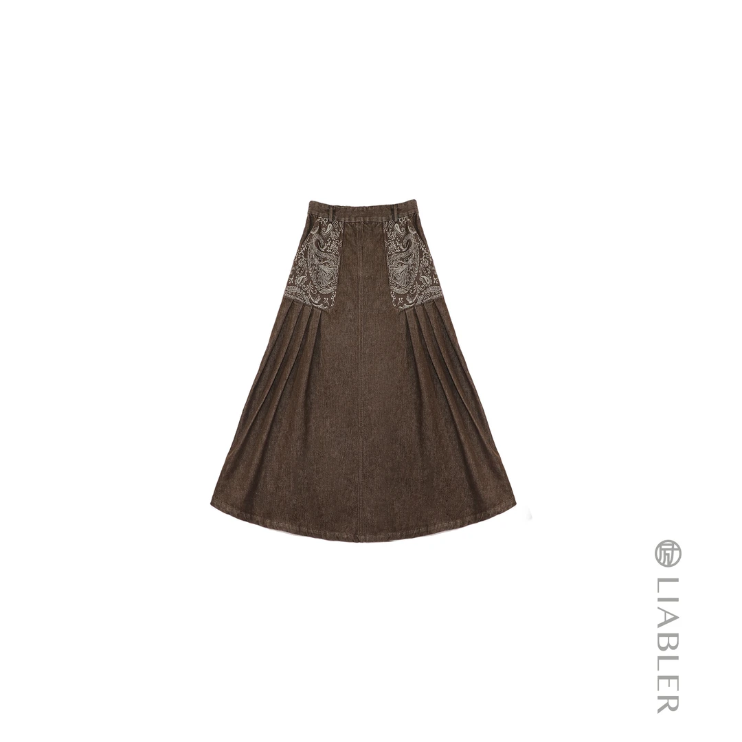 LIABLER/励【半溪月】2025春夏拼接压褶A裙牛仔半裙 LAW24362H