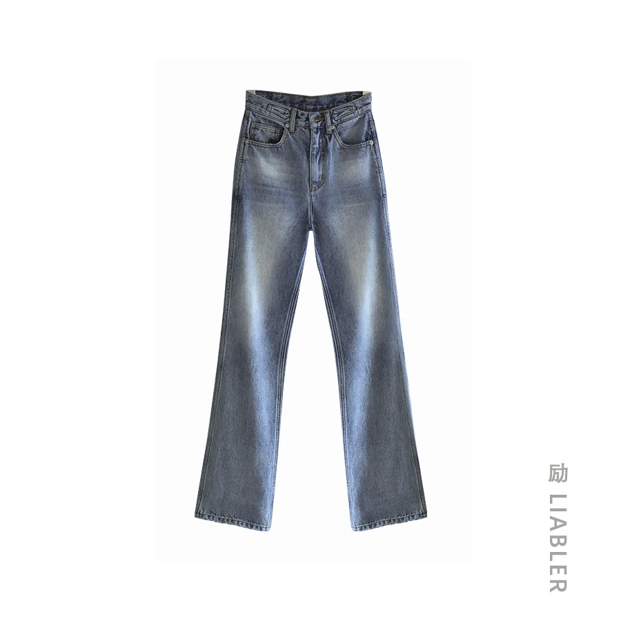 LIABLER/励 浅蓝色弹力高腰牛仔裤提臀显瘦紧身微喇长裤 22020