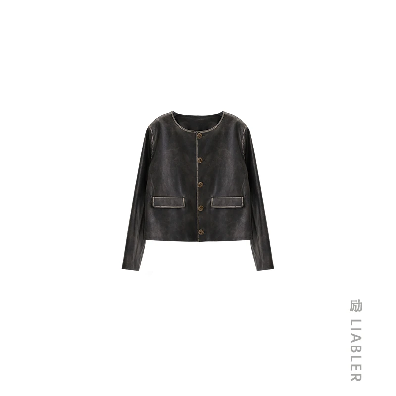 LIABLER/励 做旧款PU质地纯手工擦边外套 6L2099