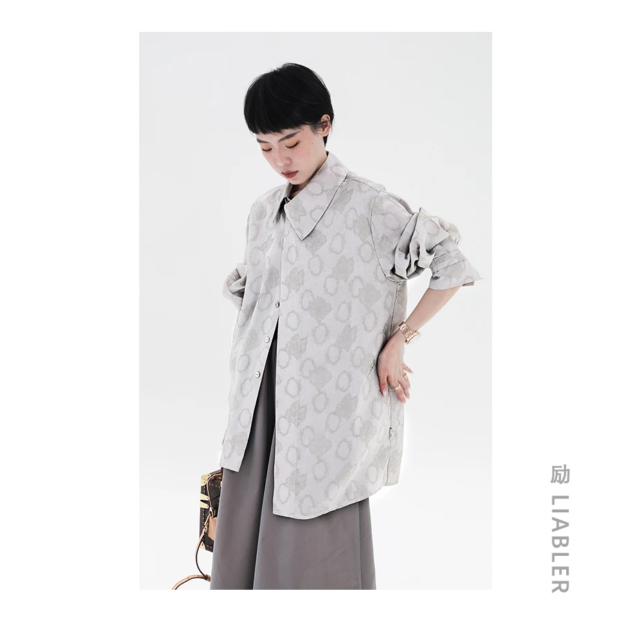 LIABLER/励  复古提花工艺斜襟不对称领口设计香槟色衬衫 6E2096