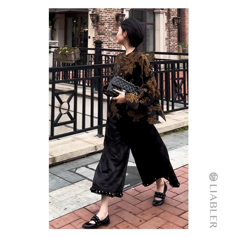 LIABLER【金玉晚香】2025早春新中式黑金提花盘扣外套 LAW245023S