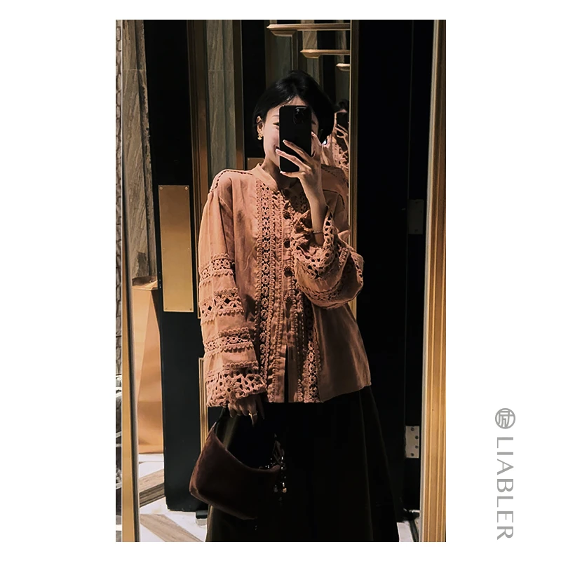 LIABLER【隐月灼江】2024春夏亚麻复古花边刺绣拼接衬衫 LSS241096J