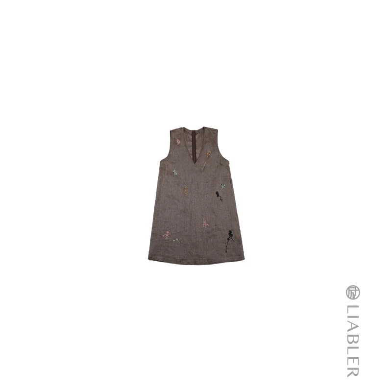 LIABLER/励【晚山茶】24春夏亚麻V领无袖背心短款连衣裙 LSS241032D