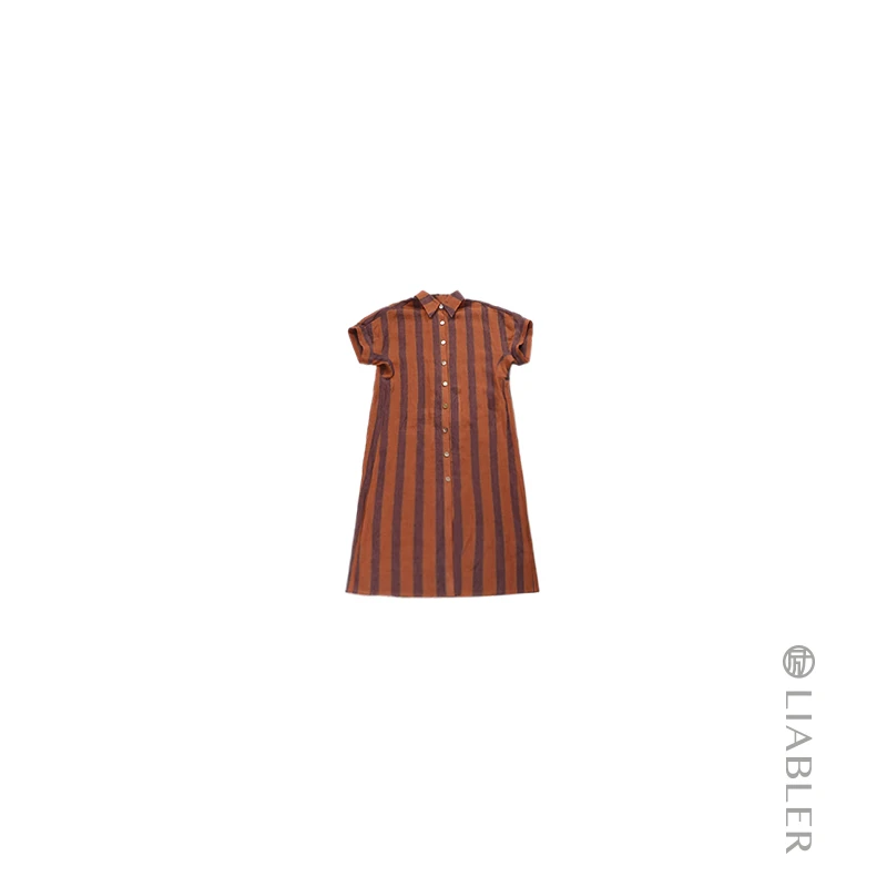 LIABLER/励【醉春烟】2024春夏亚麻条纹落肩连衣裙 LSS24505D