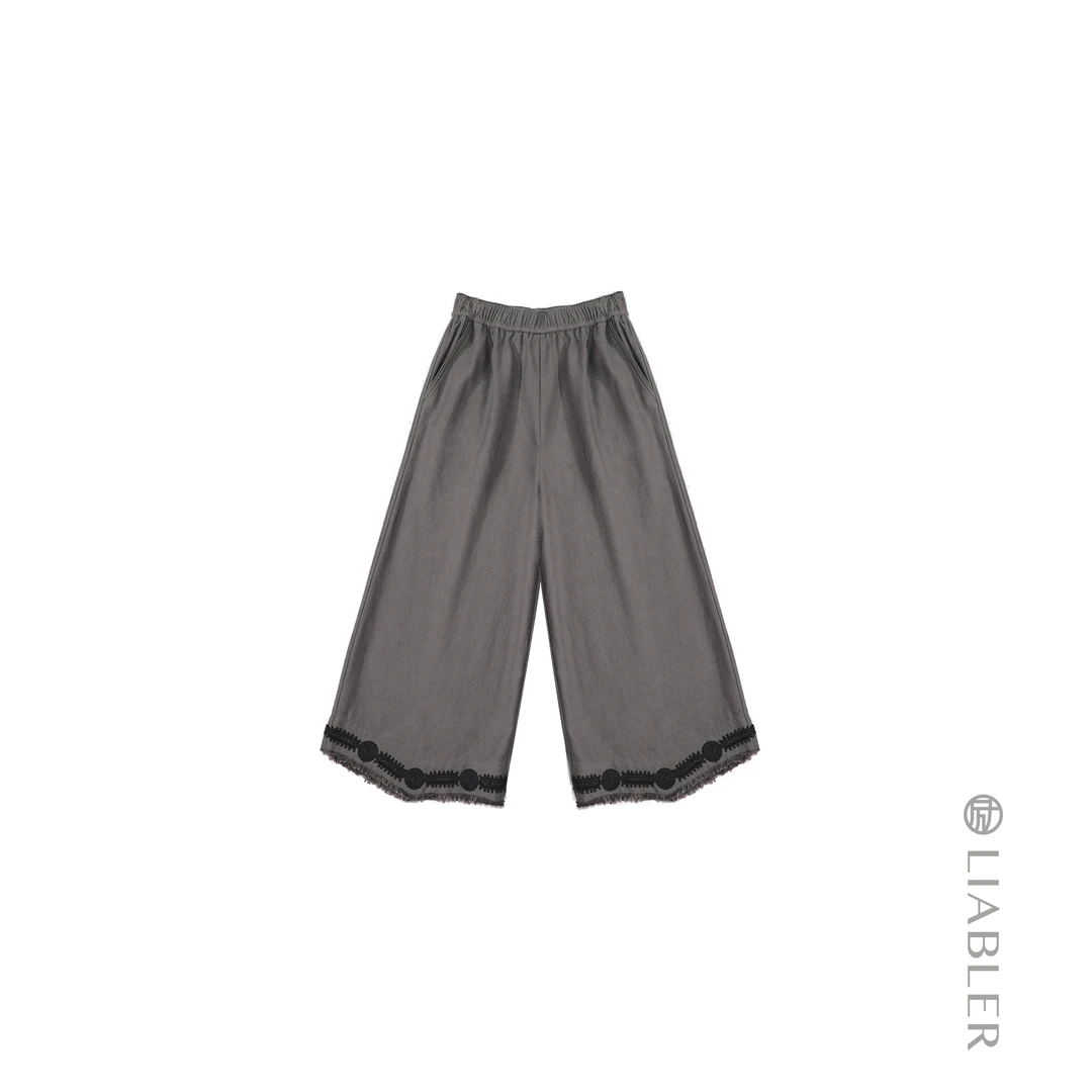 LIABLER【祁棠冬雪】2024秋冬刺绣阔摆须边松紧腰裤子 LAW24198T