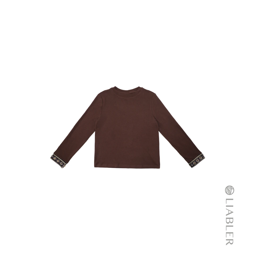 LIABLER【落栗/玄冬】2024秋冬针织长袖花边拼接上衣 LAW2451015J