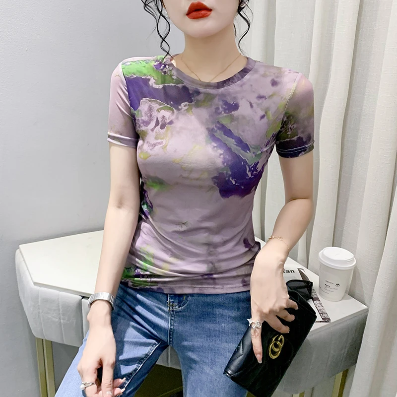 欧货T恤女2024夏季新款印花晕染网纱圆领修身显瘦套头短袖上衣潮