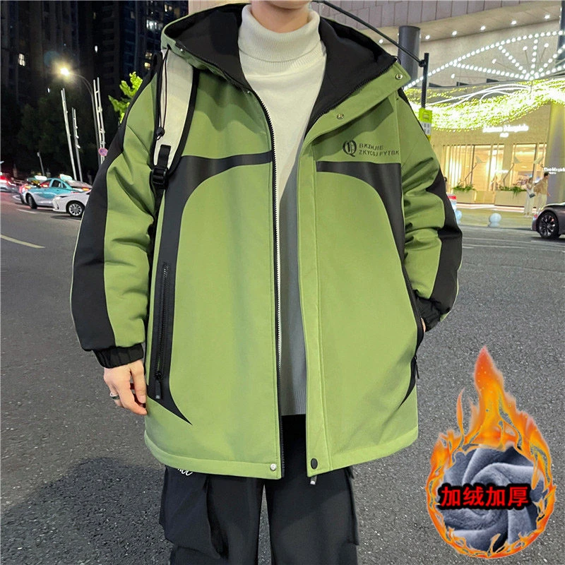 新款外套加绒加厚外套男秋冬夹克保暖加厚港风夹克外套连帽冲锋衣