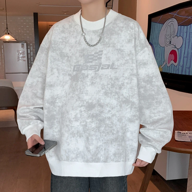 美式卫衣男春秋季2024新款印花长袖t恤蜡染印花青少年潮牌卫