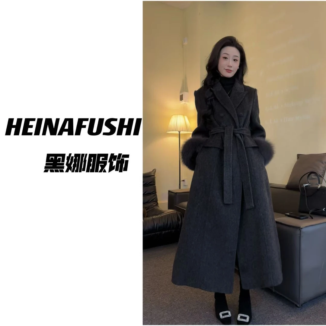 HEINA现货【绝代佳人】显瘦气质狐狸毛羊毛大衣2288-1